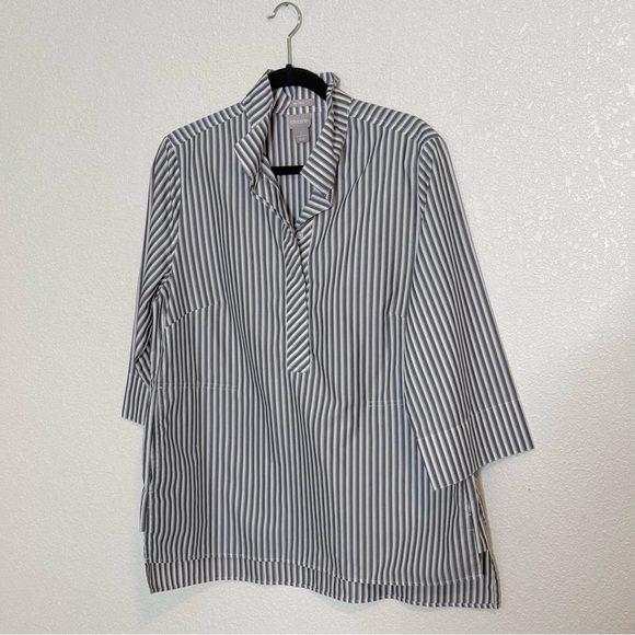 Chico's Tops - Chicos Top Womens 12/14 Black White Stripe Popover Non Iron Blouse Casual Pocket